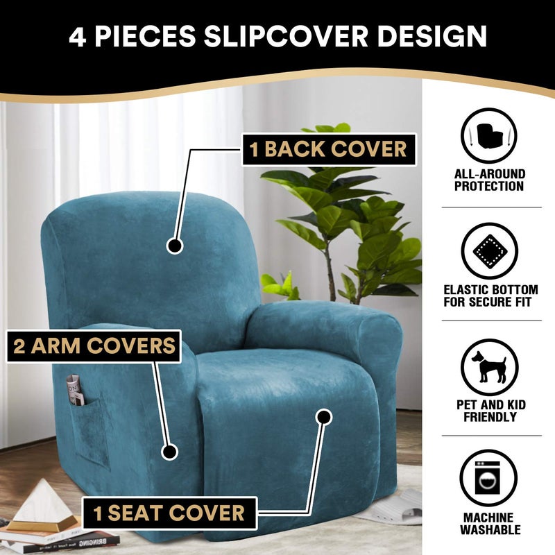 PrinceDeco Recliner Chair Cover Velvet Stretch Recliner Couch Covers 4-Pieces Style Recliner Chair Covers Recliner Cover for Reclining Chair Slipcovers Feature Non Slip Form Fitted, Stone Blue - Image 2